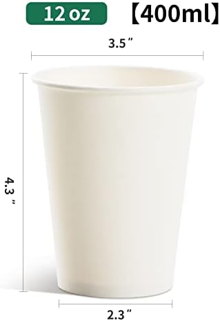 כוסות קפה חד פעמיות מנייר ראסטופ 12 עוז [100 מארז], 12 עוז כוסות נייר קפה חם לבן, סגנון נייר מעובה